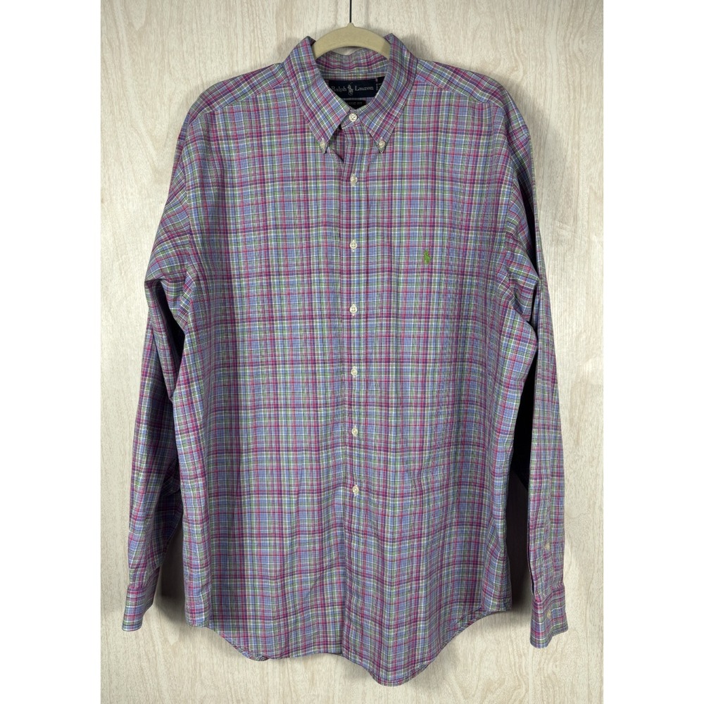 Polo Ralph‎ Lauren Oxford Shirt Mens XL Pink Plaid Pony Logo Preppy Vintage